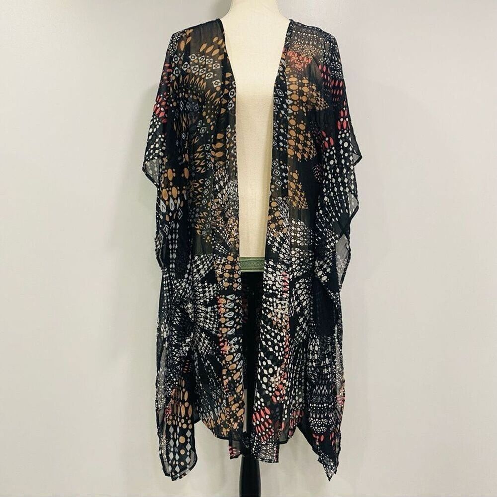 PATRONS OF PEACE XS/S Black Lotus Sheer Boho Southwest Kimono Beach Swim Cover